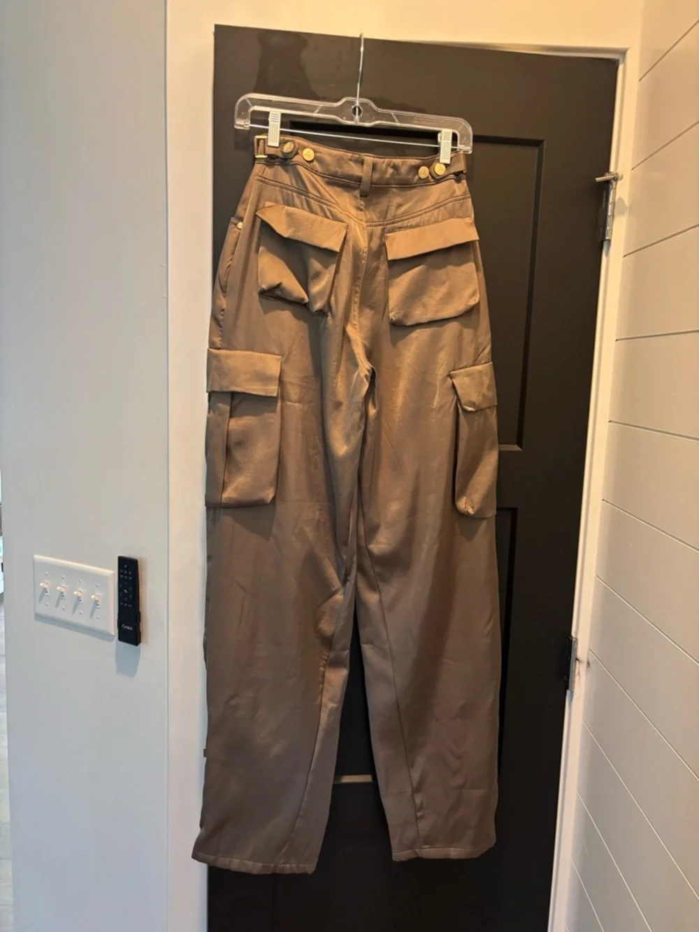 Maniere De Voir Emilie Satin High Waisted Cargo Pants Dark Olive Wide Leg Zip 0 - Picture 12 of 17
